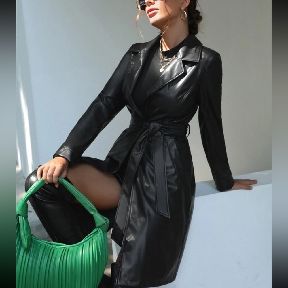 Black Faux Leather Trench Coat